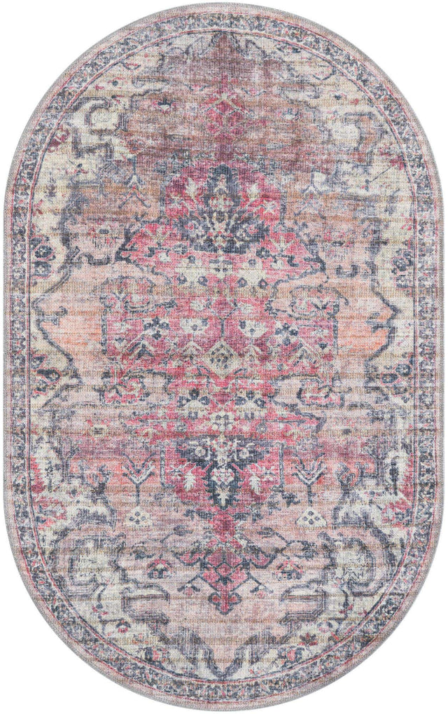 Washable Beige pink 3' 3 x 5' 3 Nostalgia Oval Area Rug Easy to Clean Stain Resistant & Durable Polyester Chenille Vintage Distressed Carpet for Sale at Rug Engine
