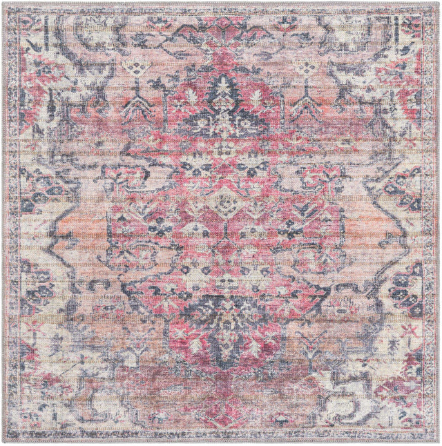 Washable Beige pink 4' 1 x 4' 1 Nostalgia Square Area Rug Easy to Clean Stain Resistant & Durable Polyester Chenille Vintage Distressed Carpet for Sale at Rug Engine