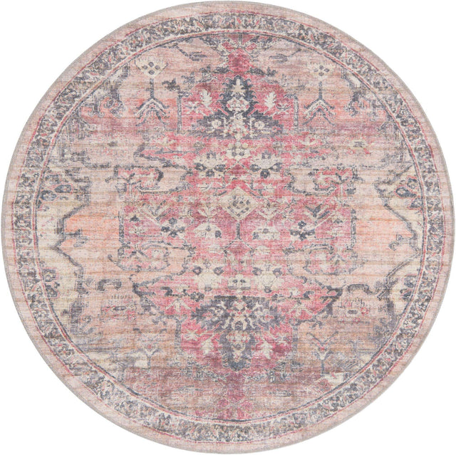 Washable Beige pink 5' 3 x 5' 3 Nostalgia Round Area Rug Easy to Clean Stain Resistant & Durable Polyester Chenille Vintage Distressed Carpet for Sale at Rug Engine