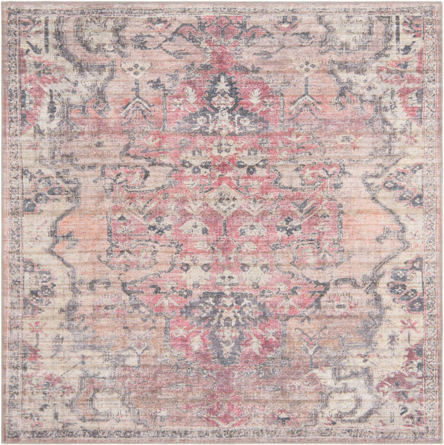 Washable Beige pink 6' 1 x 6' 1 Nostalgia Square Area Rug Easy to Clean Stain Resistant & Durable Polyester Chenille Vintage Distressed Carpet for Sale at Rug Engine