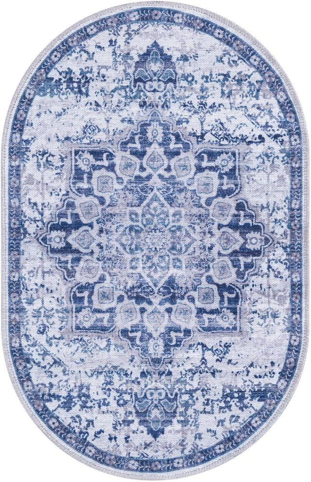 Washable Gray Blue 2' x 3' 1 Renaissance Oval Area Rug Easy to Clean Stain Resistant & Durable Colorful Distressed Vintage Carpet for Sale at Rug Engine
