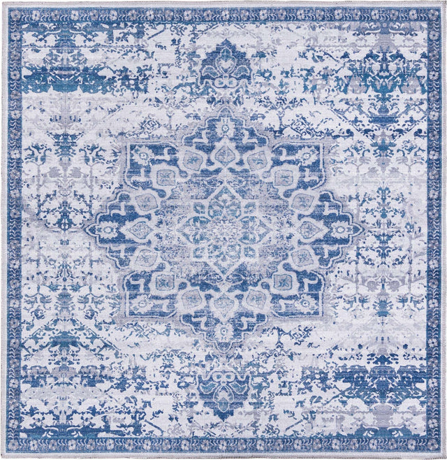 Washable Gray Blue 3' 3 x 3' 3 Renaissance Square Area Rug Easy to Clean Stain Resistant & Durable Colorful Distressed Vintage Carpet for Sale at Rug Engine