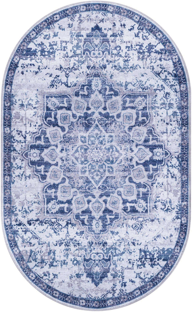Washable Gray Blue 3' 3 x 5' 3 Renaissance Oval Area Rug Easy to Clean Stain Resistant & Durable Colorful Distressed Vintage Carpet for Sale at Rug Engine