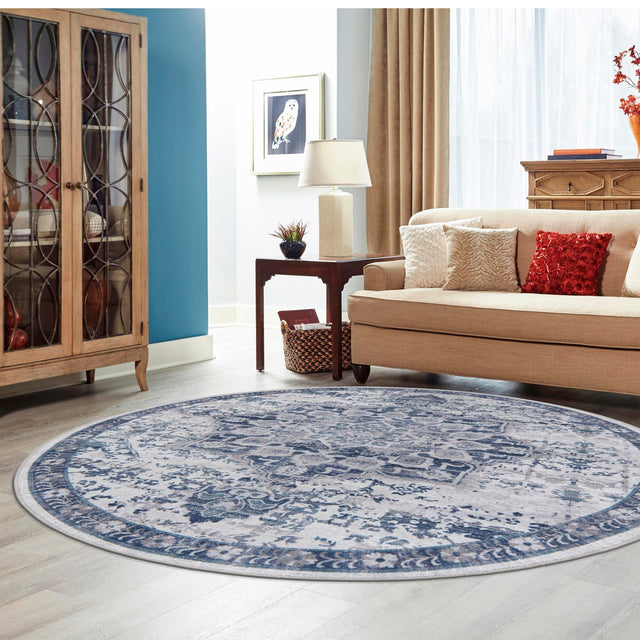 Washable Gray Blue 7' 10 x 7' 10 Renaissance Round Area Rug Easy to Clean Stain Resistant & Durable Colorful Distressed Vintage Carpet for Sale at Rug Engine