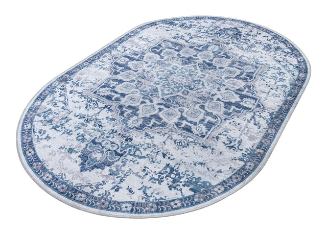 Washable Gray Blue 5' 3 x 8' Renaissance Oval Area Rug Easy to Clean Stain Resistant & Durable Colorful Distressed Vintage Carpet for Sale at Rug Engine