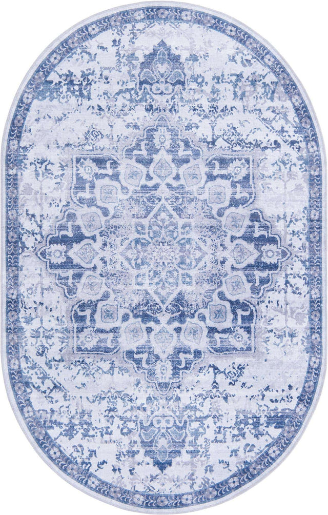 Washable Gray Blue 5' 3 x 8' Renaissance Oval Area Rug Easy to Clean Stain Resistant & Durable Colorful Distressed Vintage Carpet for Sale at Rug Engine