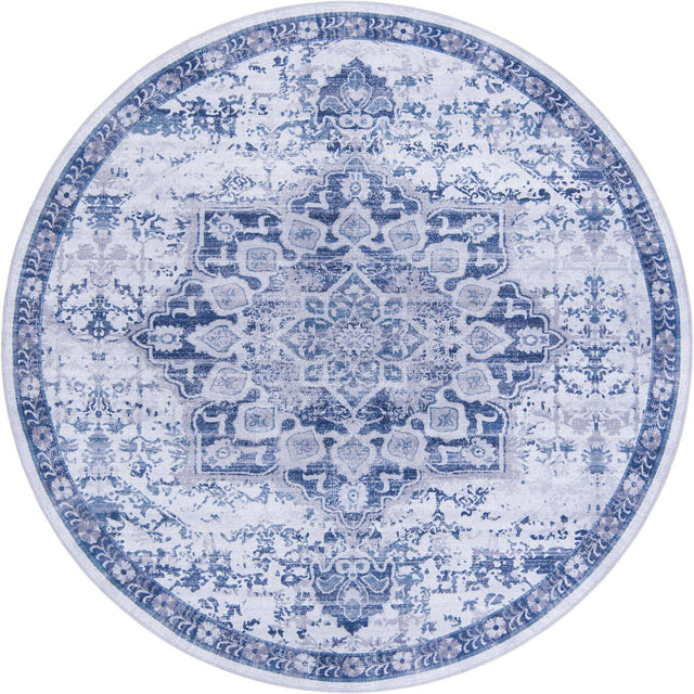 Washable Gray Blue 7' 10 x 7' 10 Renaissance Round Area Rug Easy to Clean Stain Resistant & Durable Colorful Distressed Vintage Carpet for Sale at Rug Engine