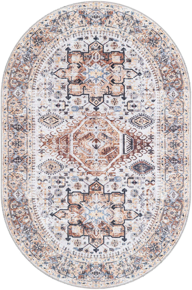 Washable Ivory Almond 4' 1 x 6' 1 Yara Oval Area Rug Easy to Clean Stain Resistant & Durable Polyester & Chenille Carpet for Sale at Rug Engine