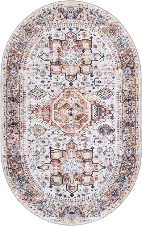 Washable Ivory Almond 5' 3 x 8' Yara Oval Area Rug Easy to Clean Stain Resistant & Durable