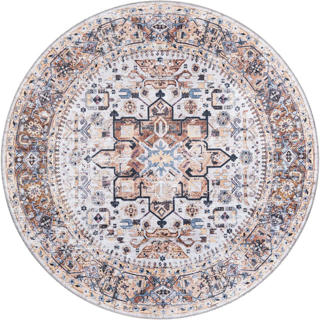 Washable Ivory Almond 7' 1 x 7' 1 Yara Round Area Rug Easy to Clean Stain Resistant & Durable Polyester & Chenille Carpet for Sale at Rug Engine