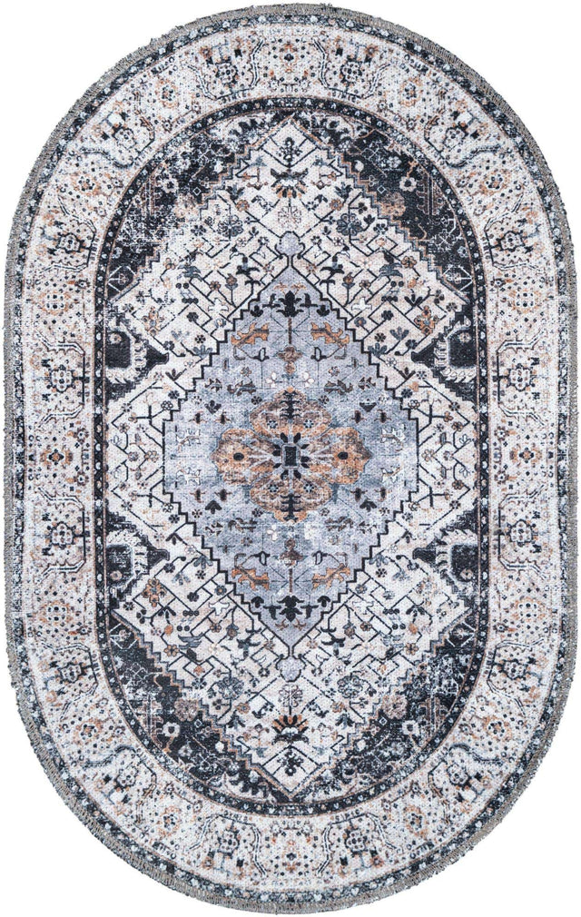 Washable Linen Charcoal 2' x 3' 1 Yara Oval Area Rug Easy to Clean Stain Resistant & Durable Polyester & Chenille Carpet for Sale at Rug Engine