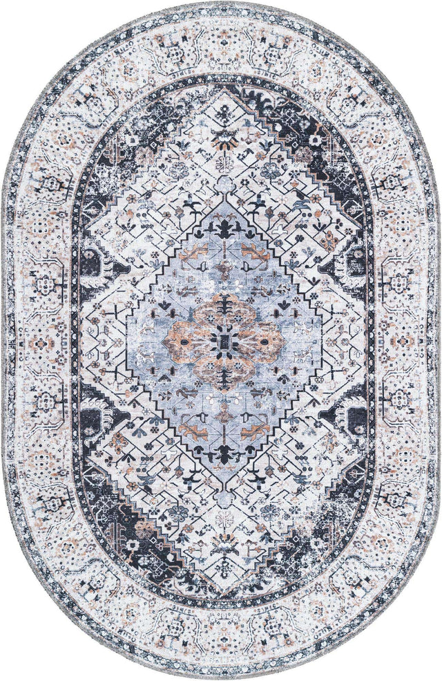 Washable Linen Charcoal 4' 1 x 6' 1 Yara Oval Area Rug Easy to Clean Stain Resistant & Durable Polyester & Chenille Carpet for Sale at Rug Engine