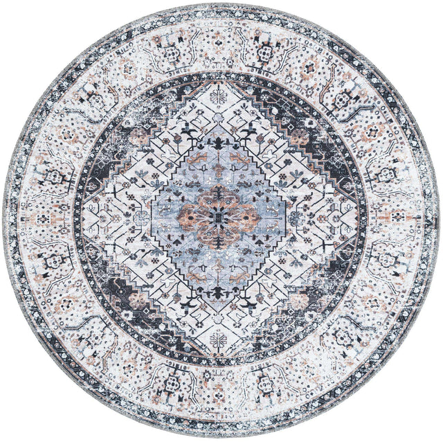 Washable Linen Charcoal 5' 3 x 5' 3 Yara Round Area Rug Easy to Clean Stain Resistant & Durable Polyester & Chenille Carpet for Sale at Rug Engine