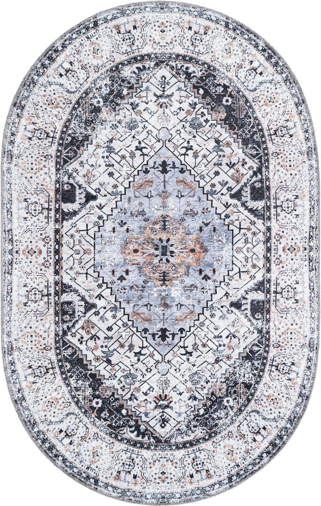 Washable Linen Charcoal 5' 3 x 8' Yara Oval Area Rug Easy to Clean Stain Resistant & Durable Polyester & Chenille Carpet for Sale at Rug Engine