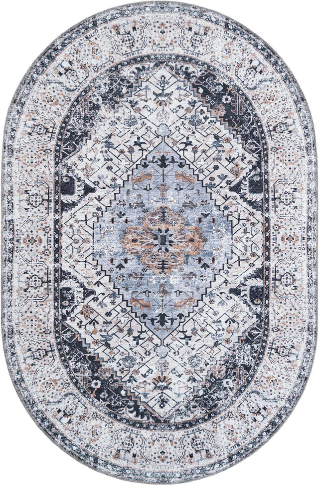 Washable Linen Charcoal 6' 1 x 9' Yara Oval Area Rug Easy to Clean Stain Resistant & Durable Polyester & Chenille Carpet for Sale at Rug Engine