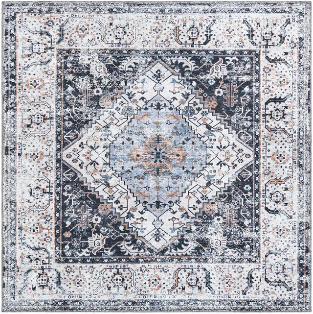 Washable Linen Charcoal 7' 1 x 7' 1 Yara Square Area Rug Easy to Clean Stain Resistant & Durable Polyester & Chenille Carpet for Sale at Rug Engine