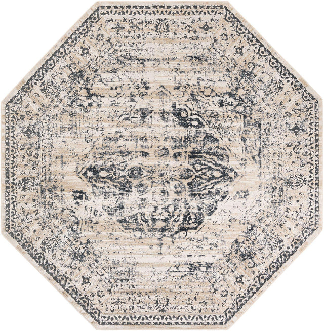 Dark Blue 7' 1 x 7' 1 Chateau Octagon Area Rug 85% Polypropylene & 15% Chenille With Cotton Backing Traditional Vintage Distressed Carpet for Classical Interior Design Decorating for Sale at Rug Engine