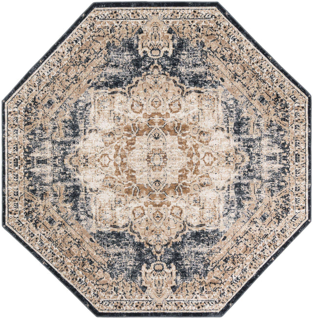 Dark Blue 7' 1 x 7' 1 Chateau Octagon Area Rug 85% Polypropylene & 15% Chenille With Cotton Backing Traditional Vintage Distressed Carpet for Classical Interior Design Decorating for Sale at Rug Engine