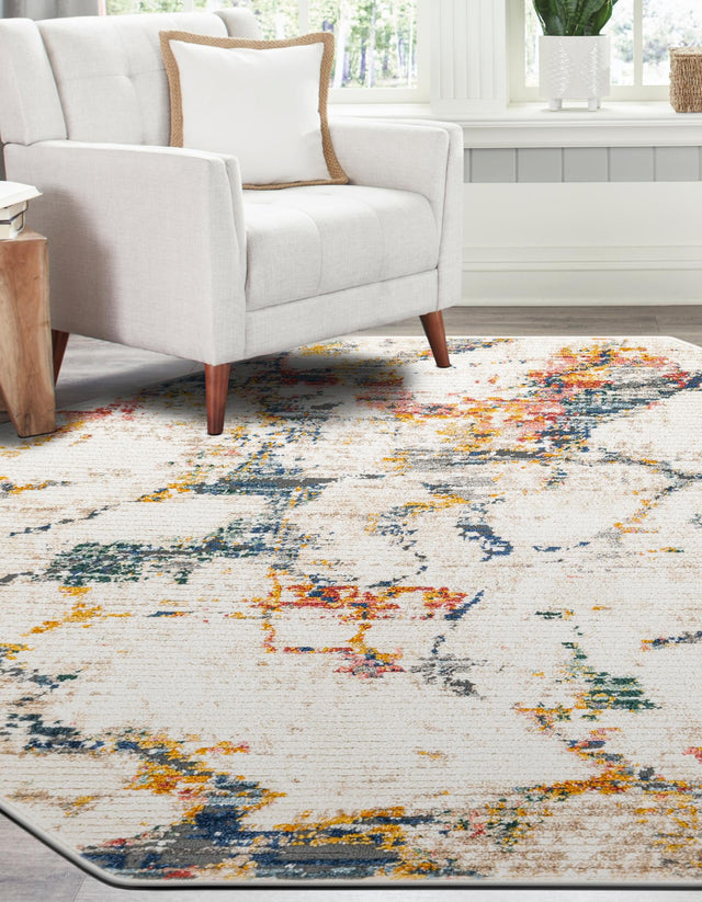 White Navy 7' 3 x 7' 3 Gemstone Octagon Area Rug Polypropylene Contemporary Carpet Easy Clean Stain Resistant for Home Design Decorating for Sale at Rug Engine