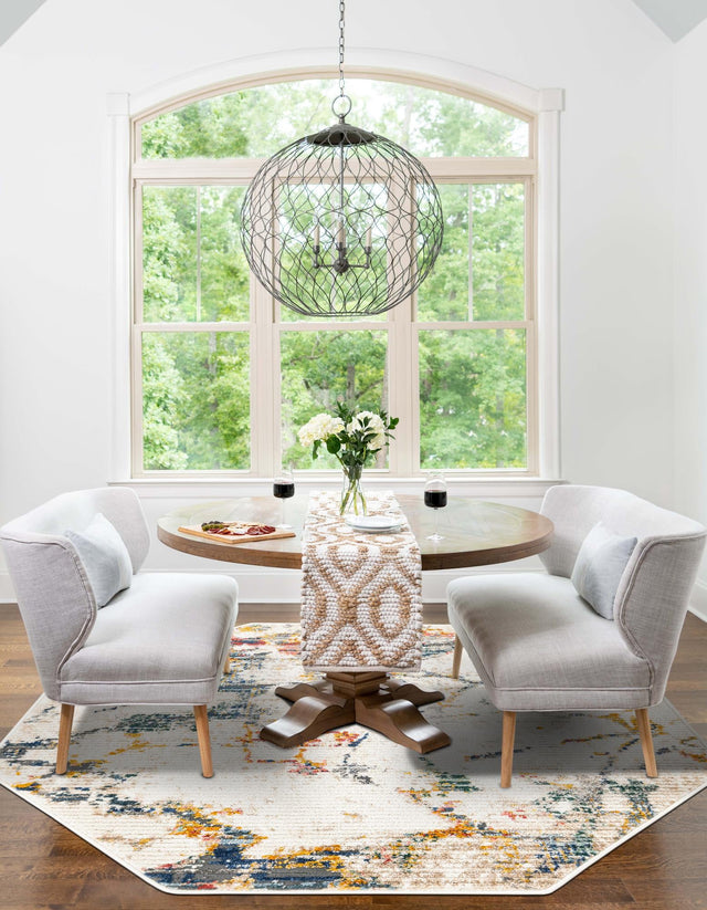 White Navy 4' 1 x 4' 1 Gemstone Octagon Area Rug Polypropylene Contemporary Carpet Easy Clean Stain Resistant for Home Design Decorating for Sale at Rug Engine