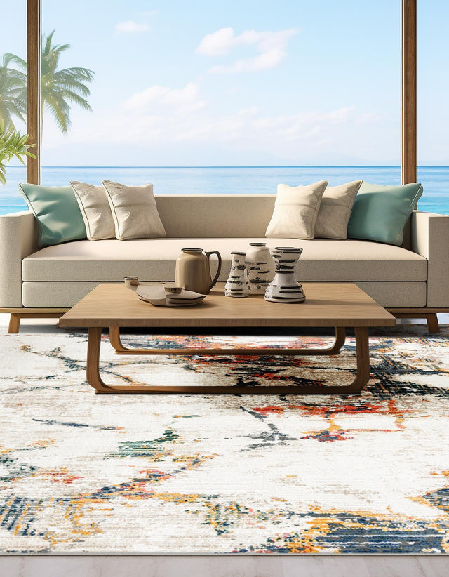 White Navy 7' 3 x 7' 3 Gemstone Square Area Rug Polypropylene Contemporary Carpet Easy Clean Stain Resistant for Home Design Decorating for Sale at Rug Engine