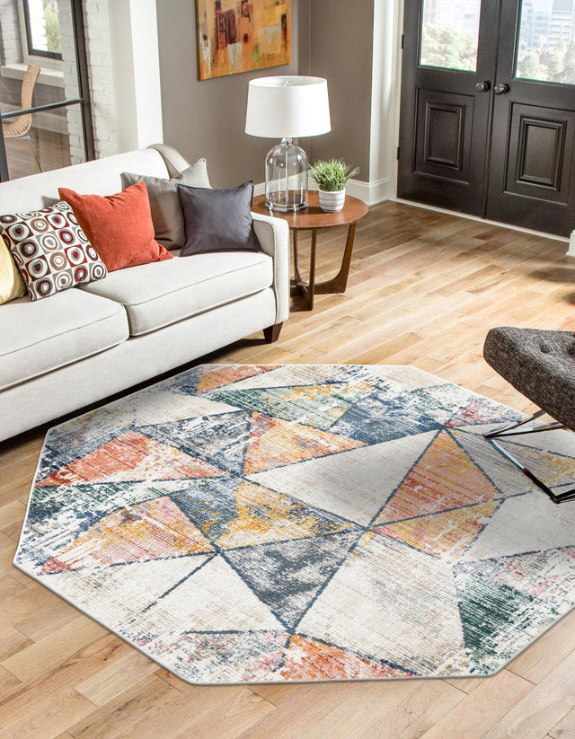 Multicolor 7' 3 x 7' 3 Gemstone Octagon Area Rug Polypropylene Contemporary Carpet Easy Clean Stain Resistant for Home Design Decorating for Sale at Rug Engine