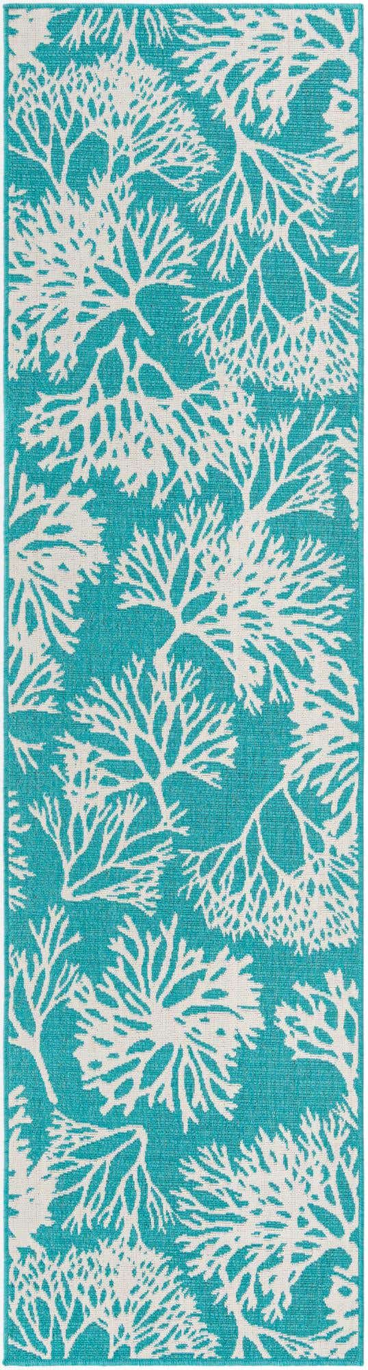 Teal 2' 7 x 10' Outdoor Coastal Runner Area Rug Weather Resistant for Patio, Deck, Terrace, Balcony, Porch 100% Polypropylene Coastal Decor Carpet for Sale at Rug Engine