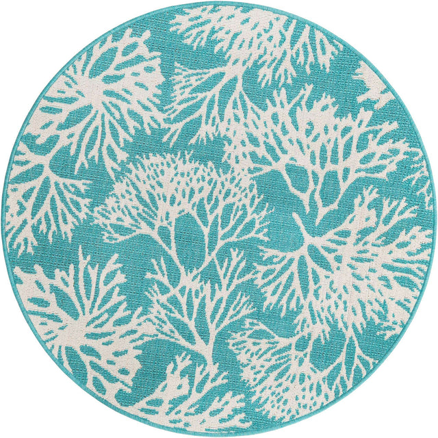 Teal 4' 1 x 4' 1 Outdoor Coastal Round Area Rug Weather Resistant for Patio, Deck, Terrace, Balcony, Porch 100% Polypropylene Coastal Decor Carpet for Sale at Rug Engine