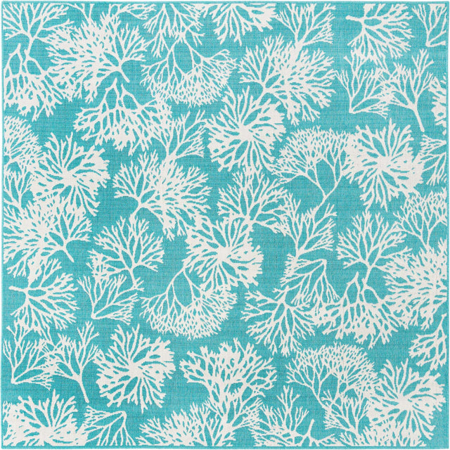 Teal 7' 10 x 7' 10 Outdoor Coastal Square Area Rug Weather Resistant for Patio, Deck, Terrace, Balcony, Porch 100% Polypropylene Coastal Decor Carpet for Sale at Rug Engine
