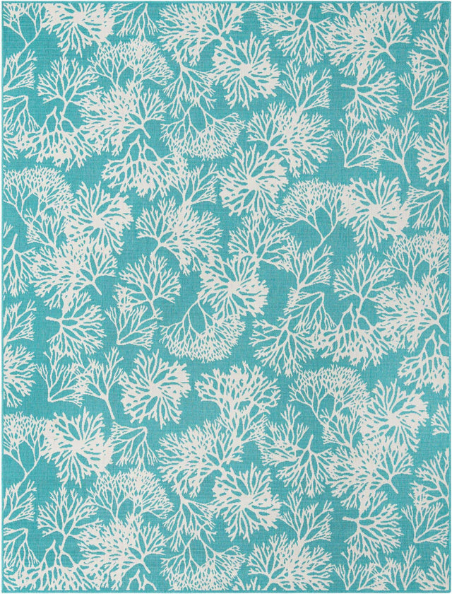 Teal 9' x 12' Outdoor Coastal Rectangle Area Rug Weather Resistant for Patio, Deck, Terrace, Balcony, Porch 100% Polypropylene Coastal Decor Carpet for Sale at Rug Engine