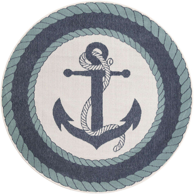 Navy Blue 5' 3 x 5' 3 Outdoor Coastal Round Area Rug Weather Resistant for Patio, Deck, Terrace, Balcony, Porch 100% Polypropylene Coastal Decor Carpet for Sale at Rug Engine