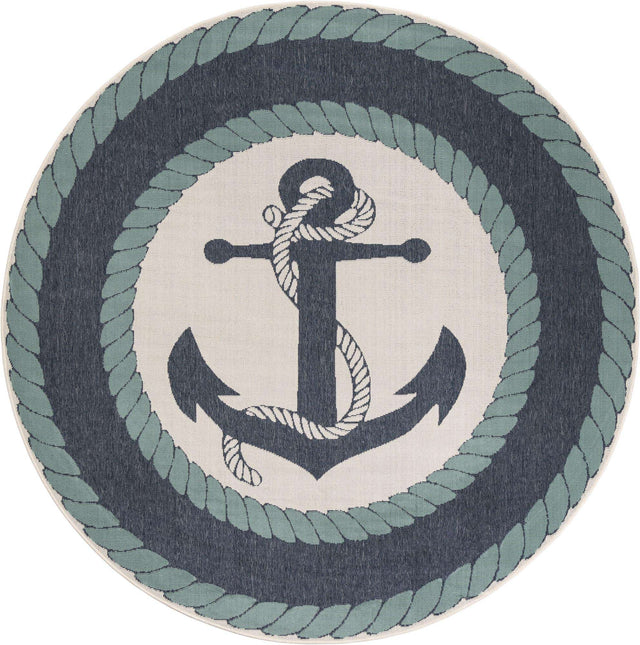 Navy Blue 7' 10 x 7' 10 Outdoor Coastal Round Area Rug Weather Resistant for Patio, Deck, Terrace, Balcony, Porch 100% Polypropylene Coastal Decor Carpet for Sale at Rug Engine