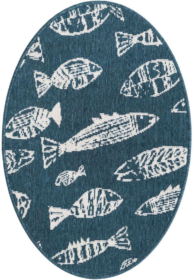 Blue 2' x 3' 1 Outdoor Coastal Oval Area Rug Weather Resistant for Patio, Deck, Terrace, Balcony, Porch 100% Polypropylene Coastal Decor Carpet for Sale at Rug Engine