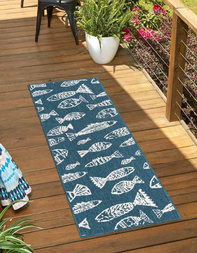 Blue 2' x 8' Outdoor Coastal Runner Area Rug Weather Resistant for Patio, Deck, Terrace, Balcony, Porch 100% Polypropylene Coastal Decor Carpet for Sale at Rug Engine