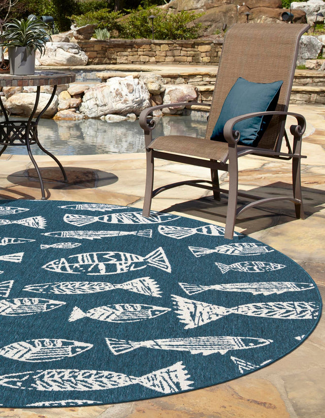 Blue 4' 1 x 4' 1 Outdoor Coastal Round Area Rug Weather Resistant for Patio, Deck, Terrace, Balcony, Porch 100% Polypropylene Coastal Decor Carpet for Sale at Rug Engine