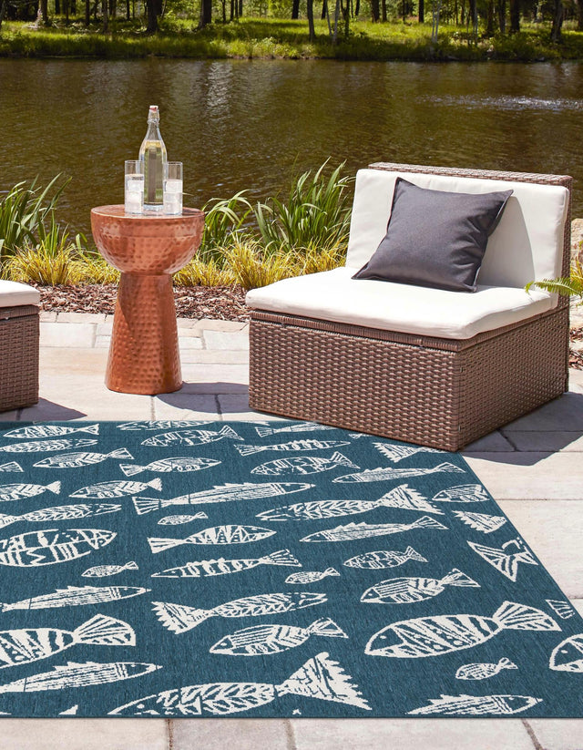 Blue 7' 10 x 7' 10 Outdoor Coastal Square Area Rug Weather Resistant for Patio, Deck, Terrace, Balcony, Porch 100% Polypropylene Coastal Decor Carpet for Sale at Rug Engine