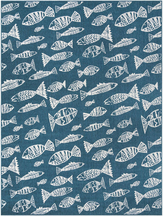Blue 9' x 12' Outdoor Coastal Rectangle Area Rug Weather Resistant for Patio, Deck, Terrace, Balcony, Porch 100% Polypropylene Coastal Decor Carpet for Sale at Rug Engine