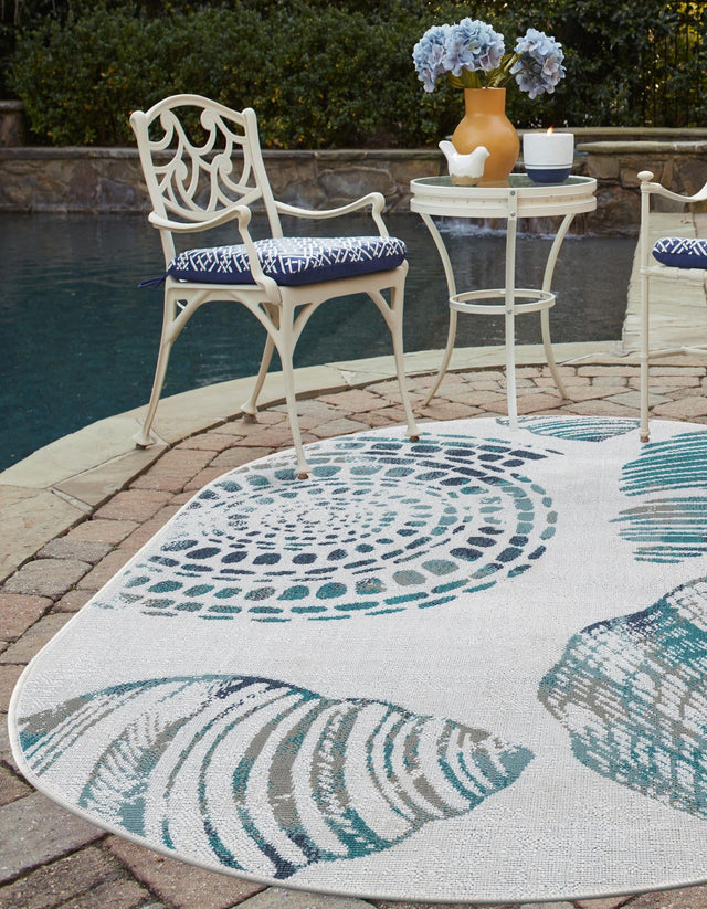 Ivory 4' 1 x 6' 1 Outdoor Coastal Oval Area Rug Weather Resistant for Patio, Deck, Terrace, Balcony, Porch 100% Polypropylene Coastal Decor Carpet for Sale at Rug Engine