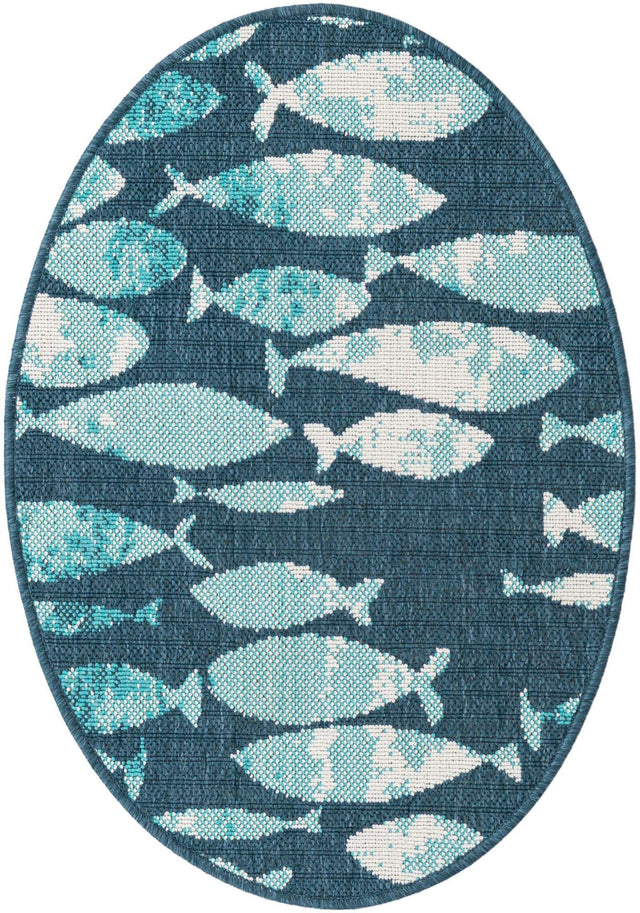 Blue 2' x 3' 1 Outdoor Coastal Oval Area Rug Weather Resistant for Patio, Deck, Terrace, Balcony, Porch 100% Polypropylene Coastal Decor Carpet for Sale at Rug Engine