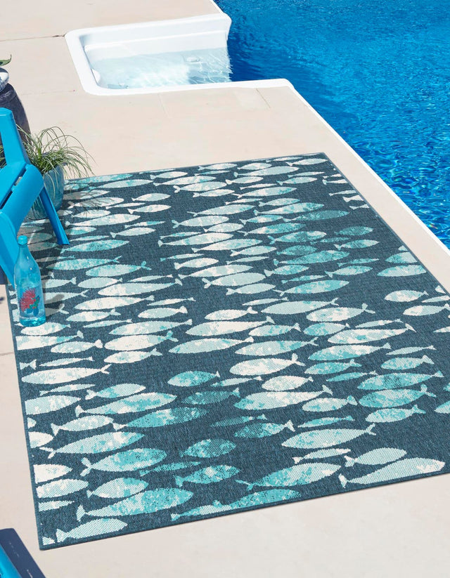 Blue 7' 10 x 10' Outdoor Coastal Rectangle Area Rug Weather Resistant for Patio, Deck, Terrace, Balcony, Porch 100% Polypropylene Coastal Decor Carpet for Sale at Rug Engine