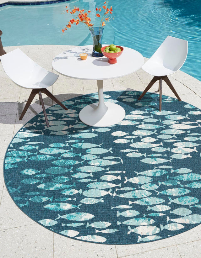 Blue 7' 1 x 7' 1 Outdoor Coastal Round Area Rug Weather Resistant for Patio, Deck, Terrace, Balcony, Porch 100% Polypropylene Coastal Decor Carpet for Sale at Rug Engine