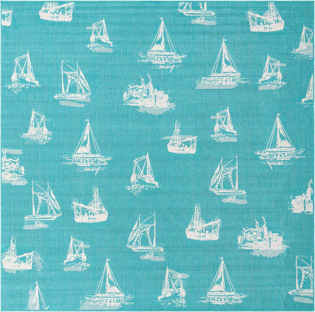 Teal 10' x 10' Outdoor Coastal Square Area Rug Weather Resistant for Patio, Deck, Terrace, Balcony, Porch 100% Polypropylene Coastal Decor Carpet for Sale at Rug Engine