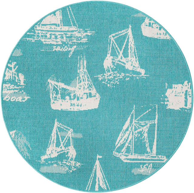 Teal 4' 1 x 4' 1 Outdoor Coastal Round Area Rug Weather Resistant for Patio, Deck, Terrace, Balcony, Porch 100% Polypropylene Coastal Decor Carpet for Sale at Rug Engine