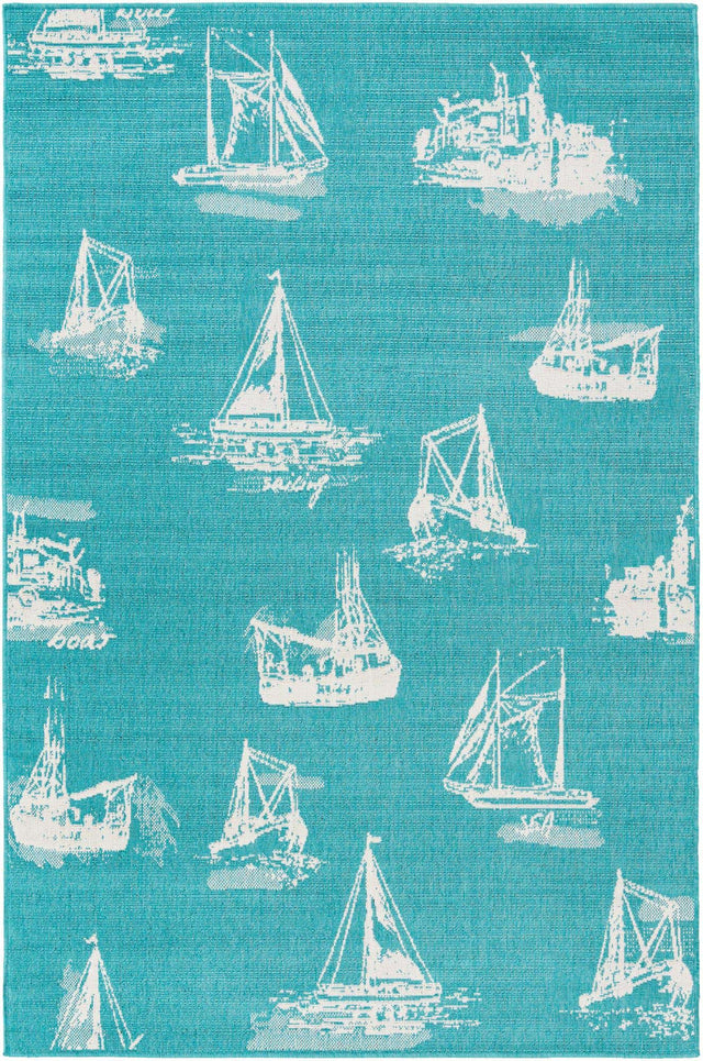 Teal 5' 3 x 8' Outdoor Coastal Rectangle Area Rug Weather Resistant for Patio, Deck, Terrace, Balcony, Porch 100% Polypropylene Coastal Decor Carpet for Sale at Rug Engine