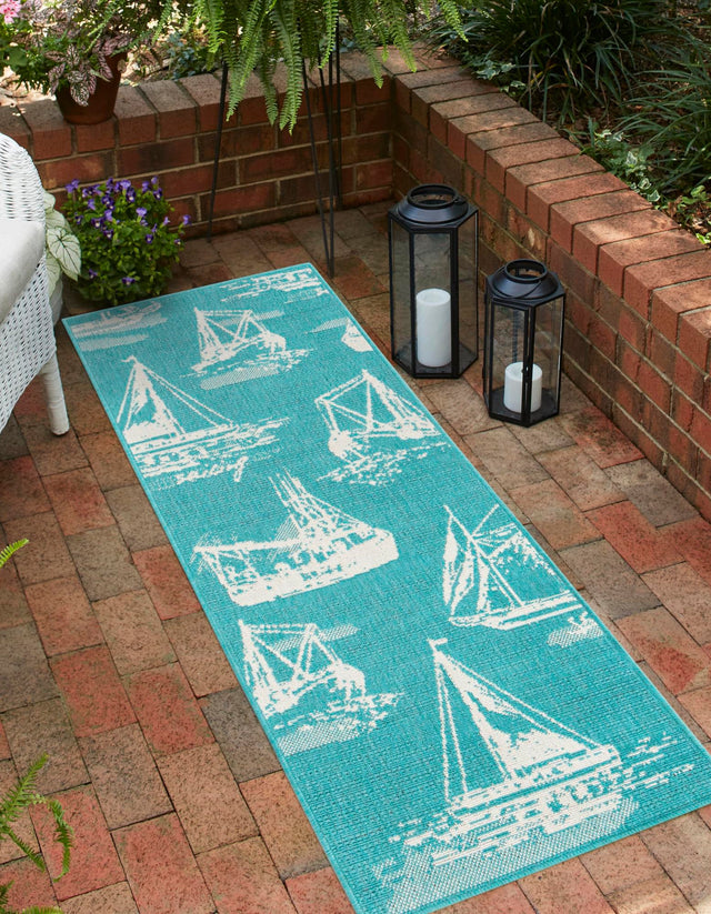 Teal 2' 7 x 10' Outdoor Coastal Runner Area Rug Weather Resistant for Patio, Deck, Terrace, Balcony, Porch 100% Polypropylene Coastal Decor Carpet for Sale at Rug Engine