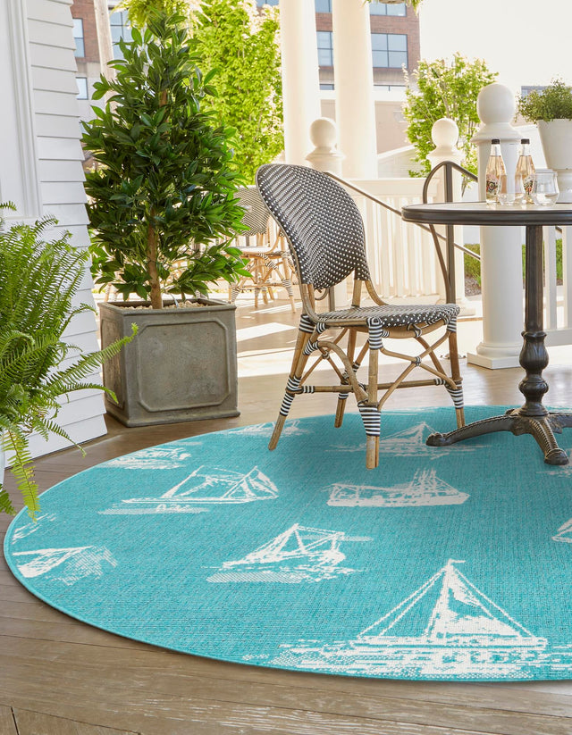 Teal 7' 1 x 7' 1 Outdoor Coastal Round Area Rug Weather Resistant for Patio, Deck, Terrace, Balcony, Porch 100% Polypropylene Coastal Decor Carpet for Sale at Rug Engine