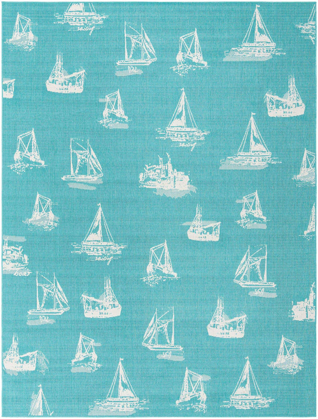 Teal 9' x 12' Outdoor Coastal Rectangle Area Rug Weather Resistant for Patio, Deck, Terrace, Balcony, Porch 100% Polypropylene Coastal Decor Carpet for Sale at Rug Engine