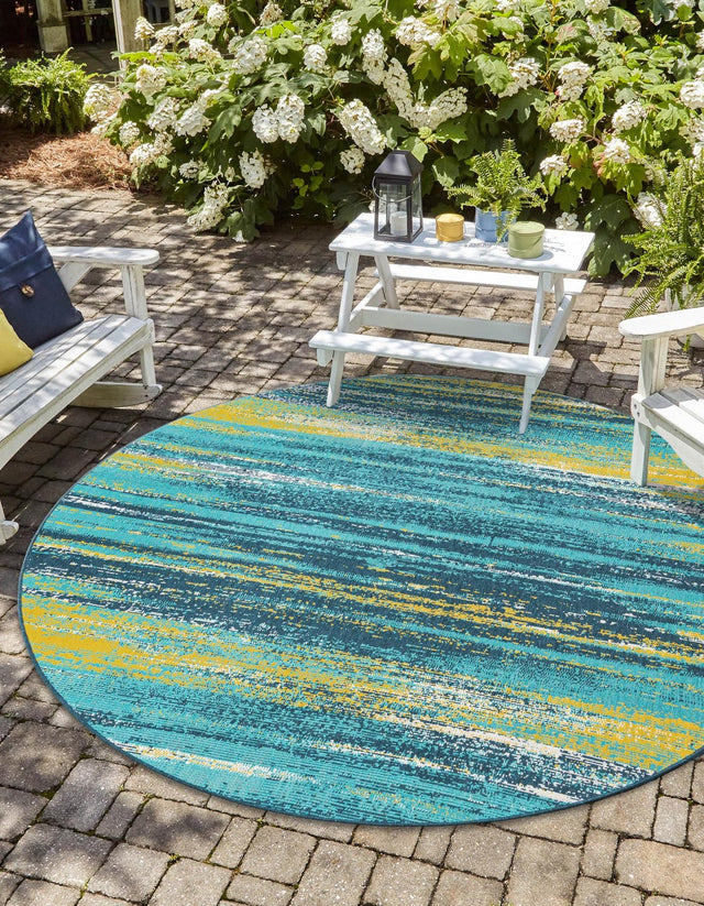 Multicolor.Blue 7' 1 x 7' 1 Outdoor Coastal Round Area Rug Weather Resistant for Patio, Deck, Terrace, Balcony, Porch 100% Polypropylene Coastal Decor Carpet for Sale at Rug Engine