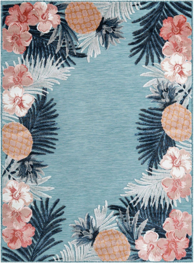 Blue 4' 5 x 6' 1 Outdoor Botanical Rectangle Area Rug Weather Resistant for Patio, Deck, Terrace, Balcony, Porch Polypropylene Garden Floral Tropical Carpet for Sale at Rug Engine