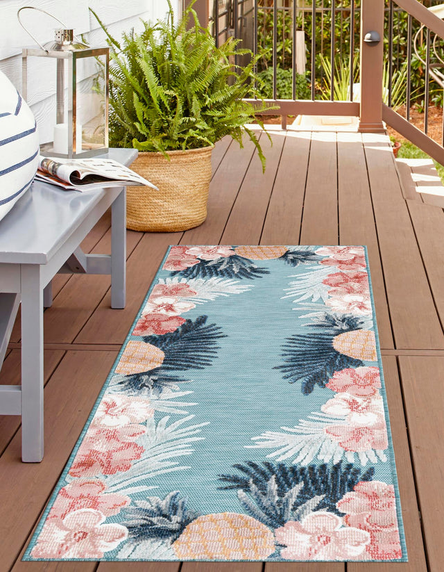 Blue 2' 2 x 5' 3 Outdoor Botanical Runner Area Rug Weather Resistant for Patio, Deck, Terrace, Balcony, Porch Polypropylene Garden Floral Tropical Carpet for Sale at Rug Engine